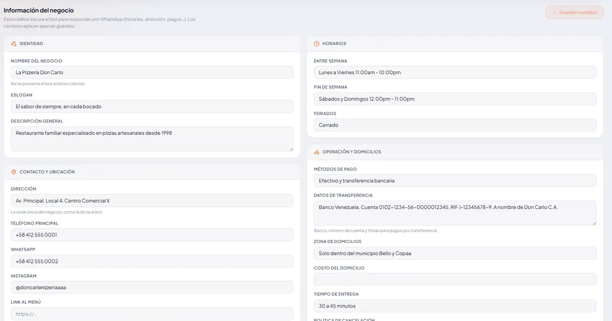 Formulario de configuración del negocio con identidad, contacto, horarios y datos de operación.